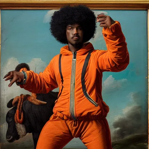 Image similar to photograph of a black man with afro hair wearing an army green adidas jacket and detailed face, riding an orange colored detailed anotamically correct bull!!!!, renaissance style painting