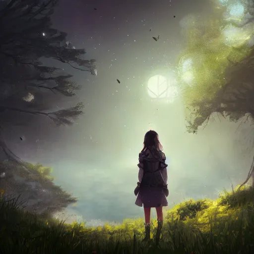 Image similar to girl looks at the space, d & d, fantasy, mist, space in background, trees, hyper detailed, midium shot, 8 k realistic, cryengine, digital painting, trending on artstation, concept art, sharp focus, illustration,