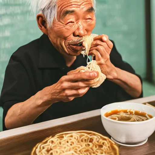 Image similar to an old japanese man eating ramen noodles in a restaurant, photorealistic