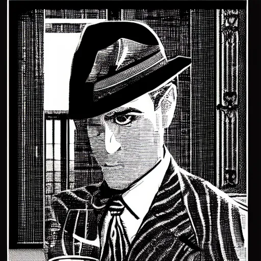 Image similar to A LA noir detective in the style of crosshatching.