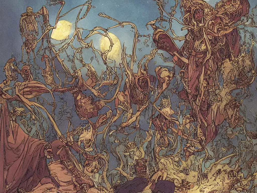 Image similar to fantasy illustration made by moebius with a 8 eyed humanoid god dealing cards over a medieval field