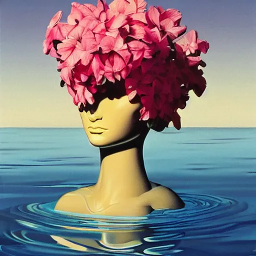 Image similar to Syd Mead, award winning masterpiece with incredible details, Syd Mead, a surreal vaporwave vaporwave vaporwave vaporwave vaporwave painting by Syd Mead of an old pink mannequin head with flowers growing out, sinking underwater, highly detailed Syd Mead