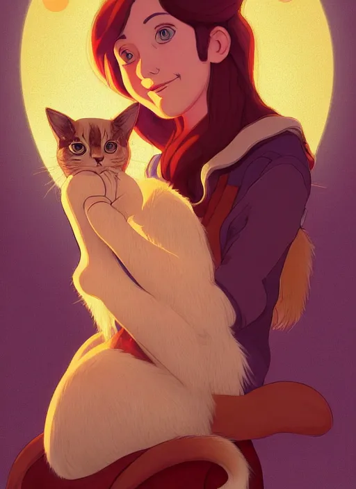 Image similar to well - lit art nouveau portrait of a 1 3 - year old girl playing with a kitten at sunset, natural lighting, path traced, highly detailed, high quality, cartoon, digital painting, by don bluth and ross tran and studio ghibli