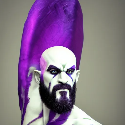 Prompt: portrait photo of bulbous large ethereal purple Kratos