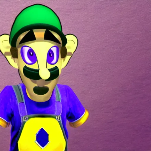 Image similar to Vinny Vinesauce, dressed as Waluigi