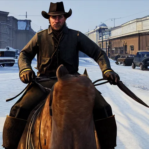 Image similar to arthur from rdr 2 high detailed face driving bike background russia in future at russia, tolyatti sportivnaia street 7, cars, snow, buildings photorealism