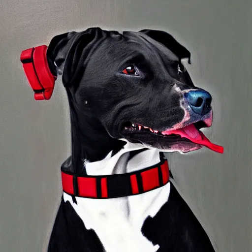 Prompt: painting of a black cyborg pitbull lab wearing thin red dog - collar, hyper detailed, thin brush strokes, oil painting