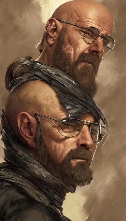 Image similar to Heisenberg as Kratos, highly detailed, digital painting, artstation, concept art, smooth, sharp focus, illustration, ArtStation, art by artgerm and greg rutkowski and alphonse mucha and J. C. Leyendecker and Edmund Blair Leighton and Katsuhiro Otomo and Geof Darrow and Phil hale and Ashley wood and Ilya repin and Charlie Bowater