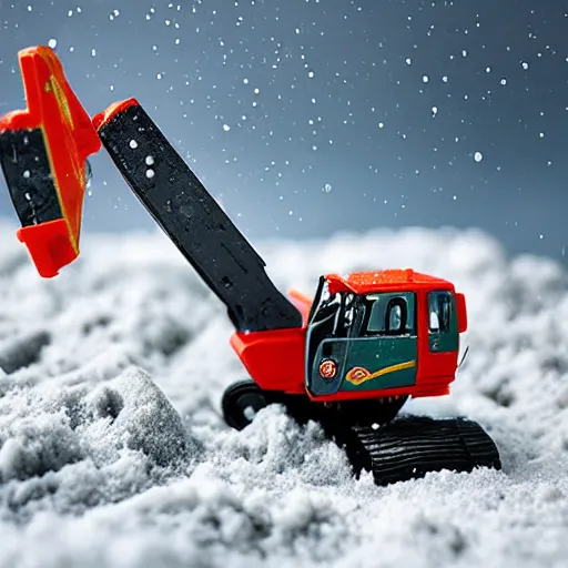 Image similar to toy space excavator riding on snow, 3 3 mm close up photo