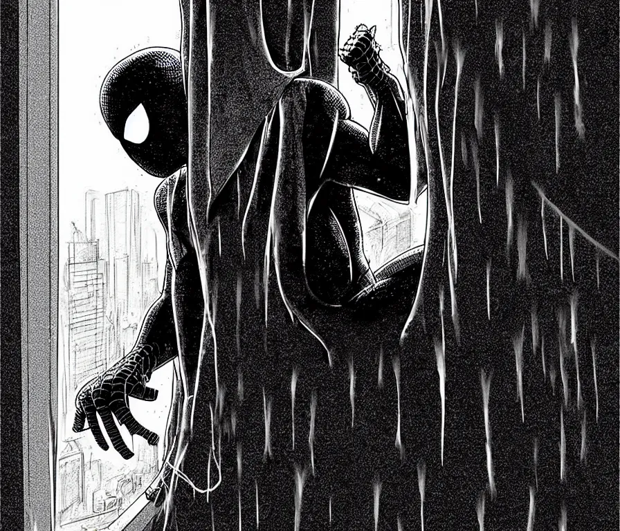 Prompt: outdoors : spiderman sink in hoodie sits on windowsill, knees tucked in | rain falls at night : storyboard, scifi cyberpunk. by gabriel hardman, joe alves, chris bonura. cinematic atmosphere, detailed and intricate, perfect anatomy