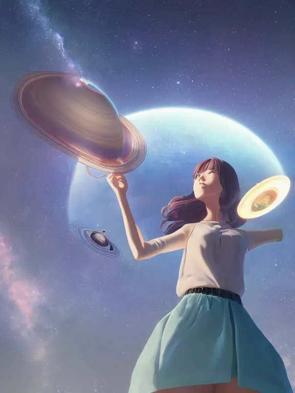Image similar to one single godly, wise, powerful giant girl wearing a skirt in space holding a model of a Saturn in her left hand. Soft lighting, cosmic skies, stunning, 8K, no planets, octane render. By Makoto Shinkai, Stanley Artgerm Lau, WLOP, Rossdraws, James Jean, Andrei Riabovitchev, Marc Simonetti, krenz cushart, Sakimichan, D&D trending on ArtStation, digital art.