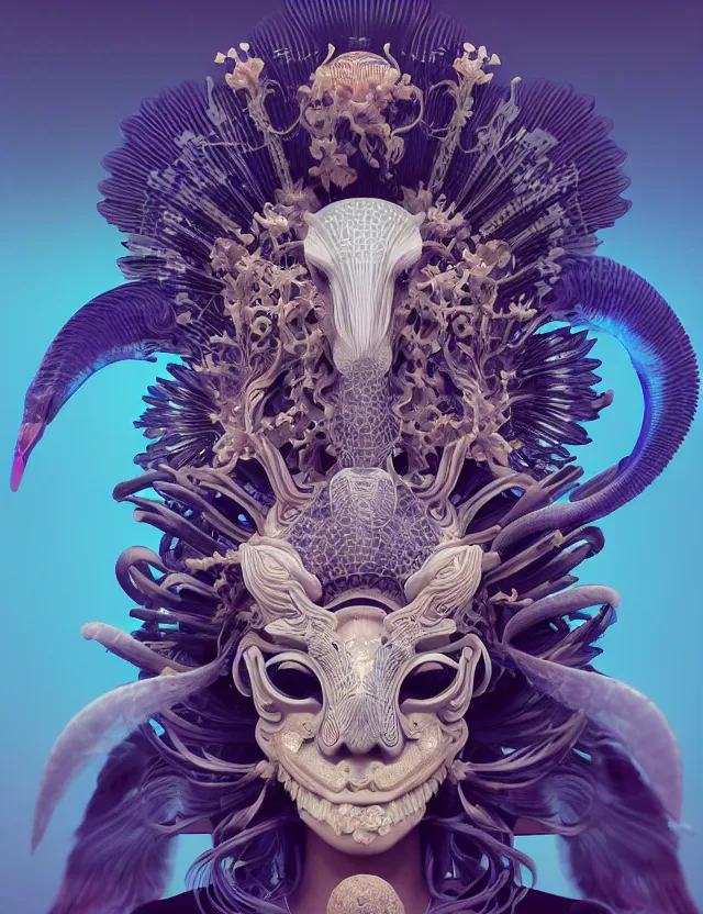 Image similar to 3 d goddess close - up frontal portrait with ram skull. beautiful intricately detailed japanese crow kitsune mask and clasical japanese kimono. betta fish, jellyfish phoenix, bio luminescent, plasma, ice, water, wind, creature, artwork by tooth wu and wlop and beeple and greg rutkowski