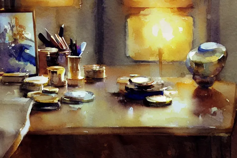 Prompt: small centered on watercolor paper, paint brush strokes, abstract watercolor painting of gold coins on polished oak table, sticks, cinematic light, american romanticism by hans dahl, by jesper ejsing, by anders zorn, by greg rutkowski, by greg manchess, by tyler edlin