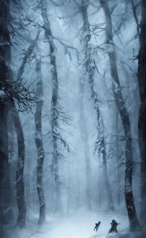 Image similar to a dark fantasy concept art of a snowy forest with a single cabin in the woods, with lights on in the cabin, dynamic lighting, cinematic, ultra detailed, trending on art station, stunning visuals, atmospherical, ambient lighting, realism, lonely vibe