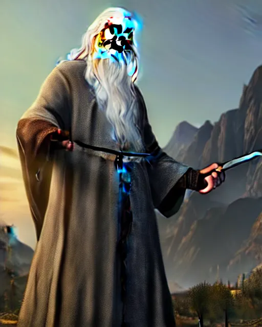 Prompt: Gandalf the white from Lord of the rings in GTA V loading screen, GTA V Cover art by Stephen Bliss, boxart, loading screen,