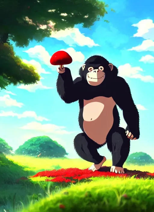 Image similar to wholesome cartoon anime gorilla holding a very small red mushroom, big smile on face, sunny sky background, lush landscape, illustration concept art anime key visual trending pixiv fanbox by wlop and greg rutkowski and makoto shinkai and studio ghibli and kyoto animation, symmetrical facial features,