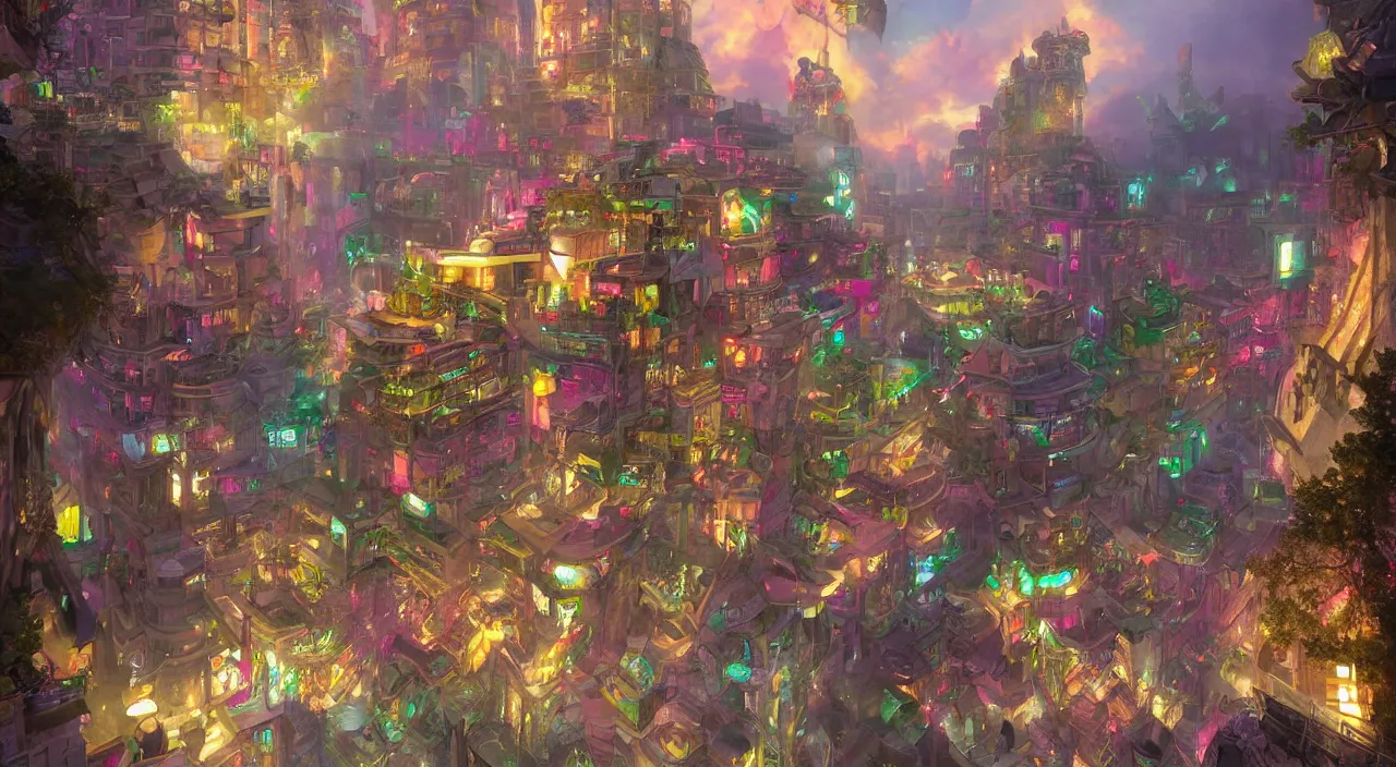 Prompt: bazaar zouk place aladin block greeble multicolorful sky shine mattepainting, street art, trending on artstation, by huang guangjian and gil elvgren and sachin teng