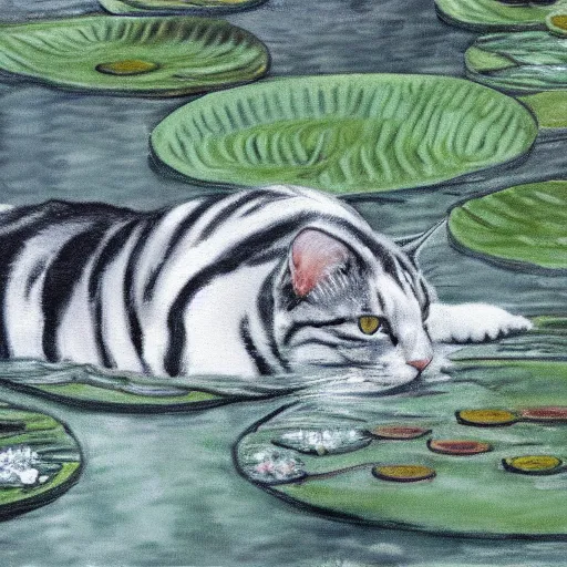 Image similar to a white black and grey tabby cat with a black and grey striped head, stretching on a lilypad floating on a lake, in the style of Water Lilies painting by Monet
