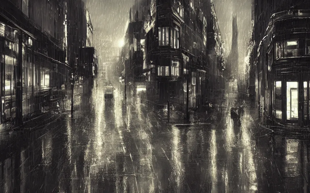 Image similar to concept art, wet london street at night by roger deakins, in the style of syd mead and liam wong