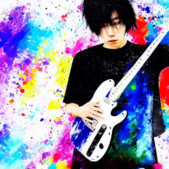 Prompt: abstract, a young korean male musician wearing black tank top holding a telecaster!!! electric guitar!! explodes in abstract, thick flowing dramatic brush strokes, strong wind, white background, matte colors, impressionist, extreme motion, trending on artstation