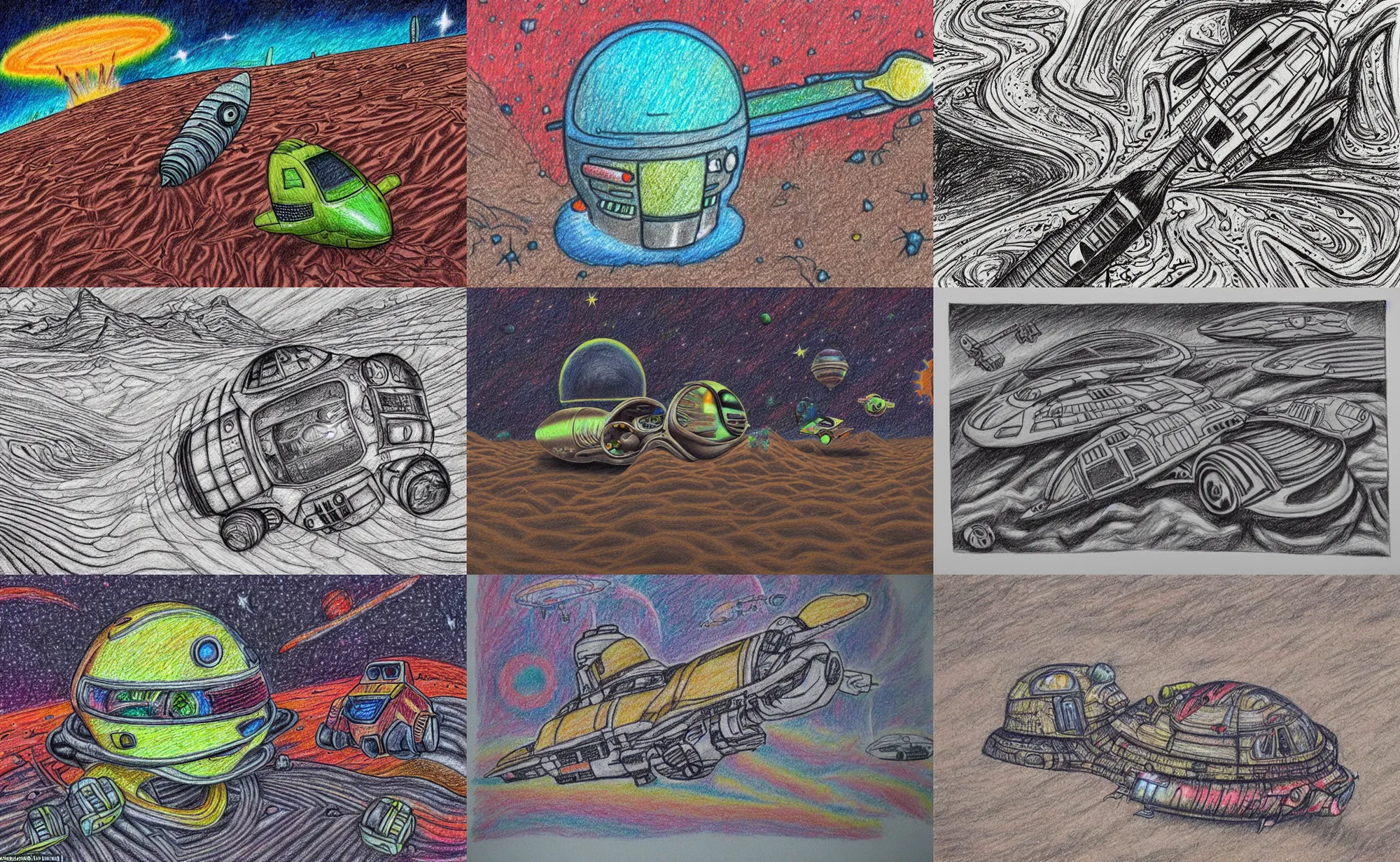 Prompt: intricately detailed crayon drawing with dark highlights, retro spaceship crash landed on an alien desert landscape