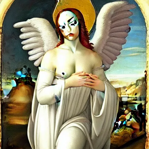 Image similar to renaissance painting portrait of white angel with clean narrow face like noface, 3 / 4, miracle light coming up from the head!!!!!! up and up!!!!!!, misty space, grace and blessing, by gucci maze, christianity, marble stone, glow effect, white background