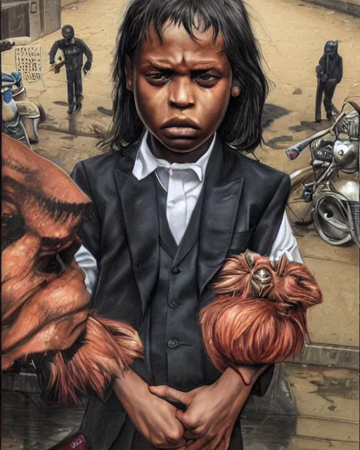 Image similar to portrait of a 7 year old child gang leader, dark, gritty, wearing a suit, criminal, very detailed eyes, hyperrealistic, beautiful, very detailed painting by Glenn Fabry, by Joao Ruas, by Artgerm