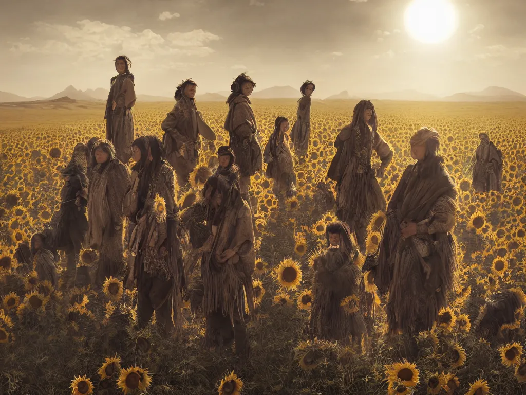 Image similar to a portrait of the mighty sunflower people, a nomadic mongolian tribe that follows the sun in a vast barren valley where helianthus grow tall and abundantly, by Greg Rutkowski, Sung Choi, Mitchell Mohrhauser, Maciej Kuciara, Johnson Ting, Maxim Verehin, Peter Konig, Bloodborne, macro lens, 35mm, 8k photorealistic, cinematic lighting, HD, high details, atmospheric