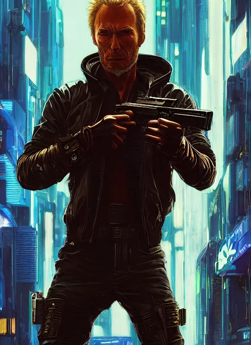 Image similar to clint eastwood. cyberpunk mercenary in a cyberpunk jumpsuit ( blade runner 2 0 4 9, cyberpunk 2 0 7 7 ). orientalist portrait by john william waterhouse and james gurney and theodore ralli and nasreddine dinet, oil on canvas. cinematic, hyper realism, realistic proportions, dramatic lighting, high detail 4 k