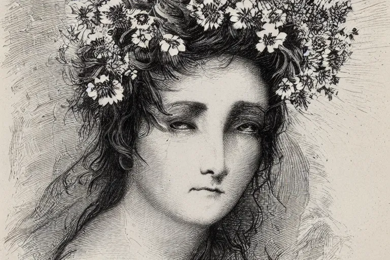 Prompt: black and white, close-up face of crying saint woman covered in flowers, Gustave Dore lithography