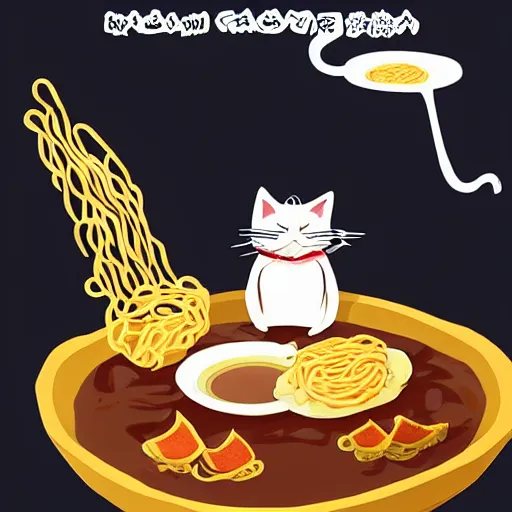 Image similar to fat cat eating ramen noodles on toast, japanese art artstation trending