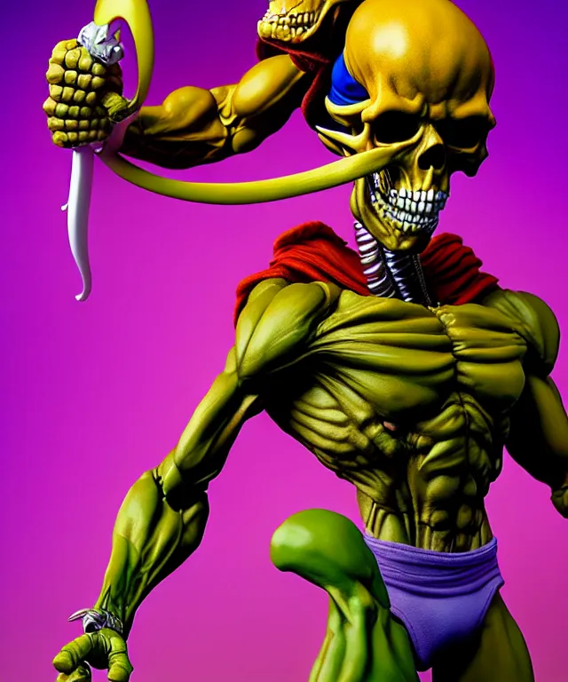 Image similar to hyperrealistic rendering, skeletor, by art of skinner and richard corben and jeff easley, product photography, action figure, sofubi, studio lighting, colored gels