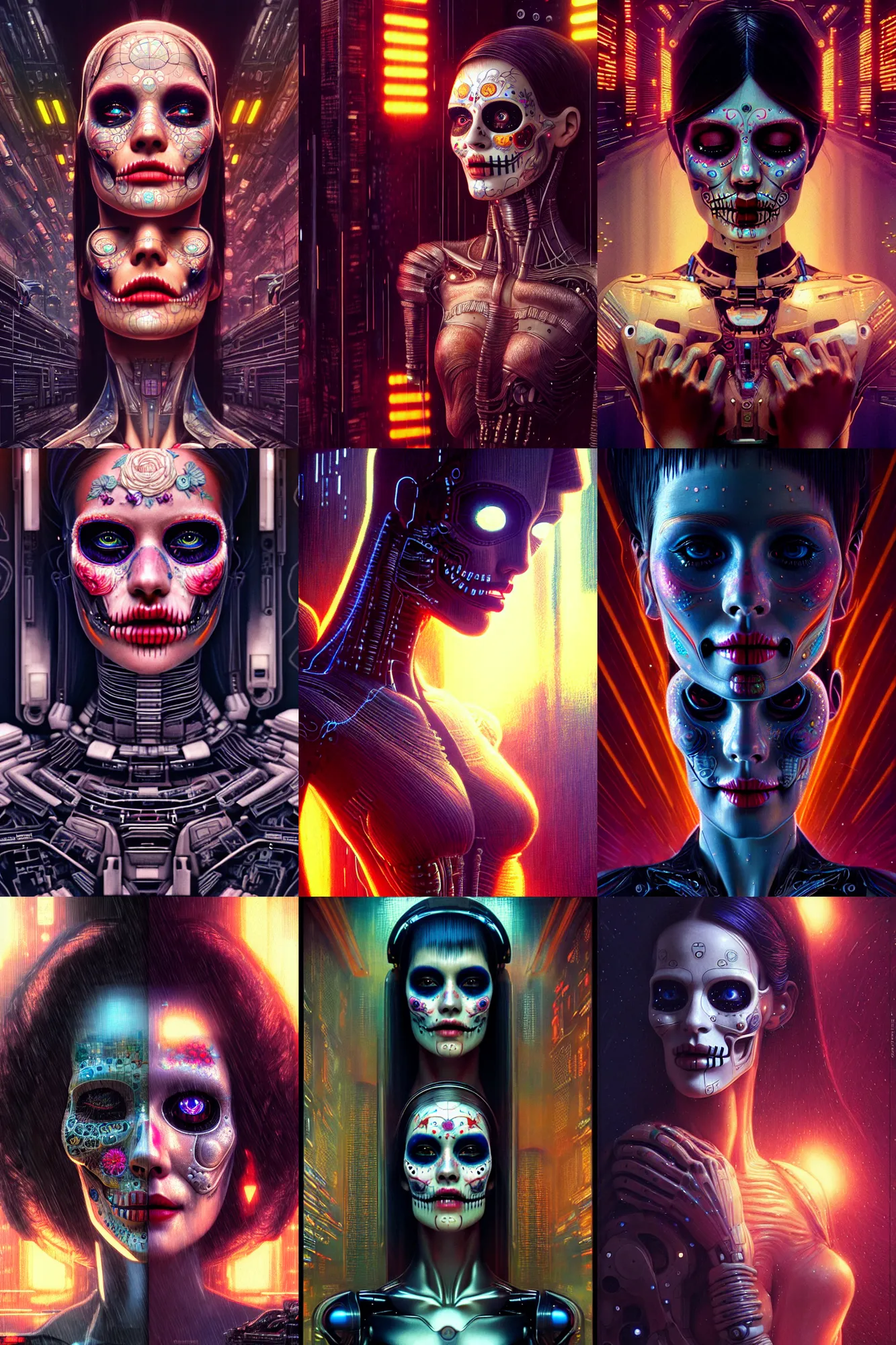 Prompt: ultra realistic, beautiful crying android! woman. ecstatic, cinestill, blade runner, interstellar, intricate detailed environment, by paul bellaart. ( el dia los muertos ), 8 k, hd. by rossdraws and artgerm and rutkowski and mucha