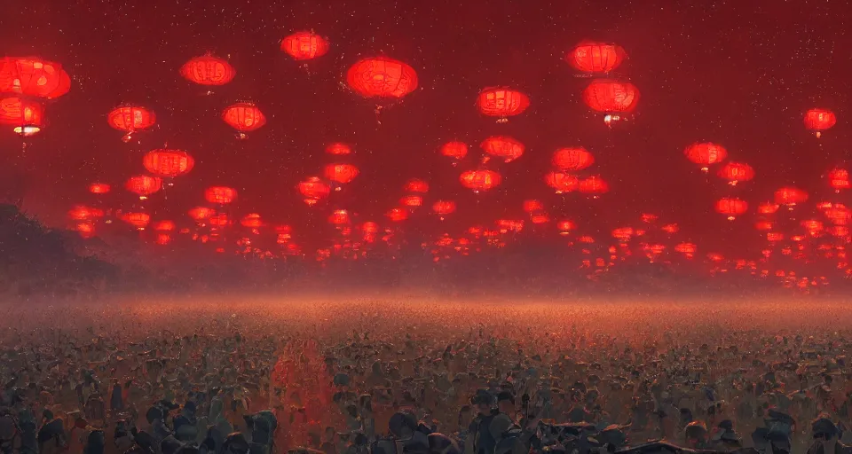 Image similar to craig mullins and ghibli digital art of zhongyuan festival in china ， red lanterns in the sky, black night sky, stars, below is the crowd, rivers, villages ， unreal engine, hyper realism, realistic shading, cinematic composition, realistic render, octane render, detailed textures, photorealistic, wide shot