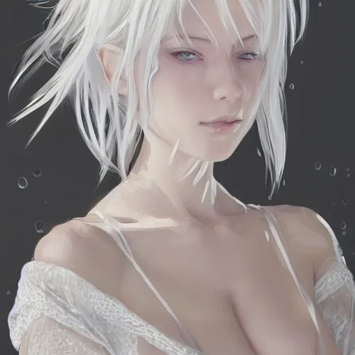 Image similar to Portrait of a white haired anime girl wearing a wet white lace nightgown, intricate, highly detailed, smooth, close-up, artstation, digital illustration by Ruan Jia