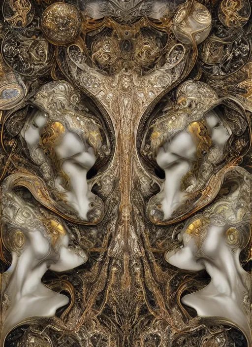 Image similar to marble sculpture of multiple beautiful women, oil slick, palladium veins, dripping, mandelbulb, hypercube, ivory carving, fractal paisley inlay, lace, intricate, elegant, highly detailed, gold inlay, metallic, ivory, artgerm, lace, by ruan jia, greg rutkowski, mucha, zbrush, nick alm