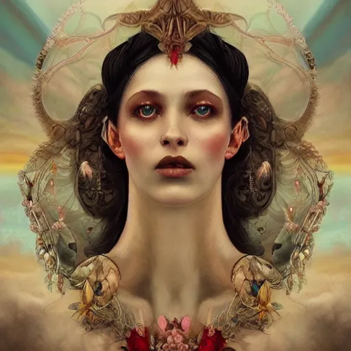 Image similar to By Tom Bagshaw, photorealistic soft paint portrait of a beautiful female face in full long dress curiosities carnival with mushrooms, symmetry accurate features, very intricate details, focus, ominous sky, rainbow lighting, volumetric clouds, god rays