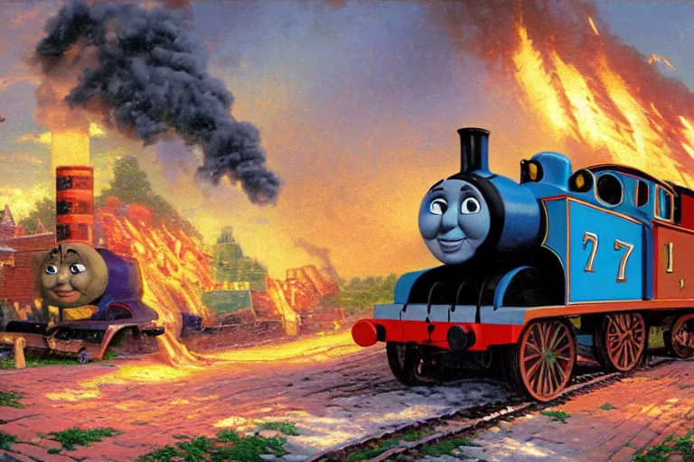 thomas the tank engine on fire as the 4 horsemen of