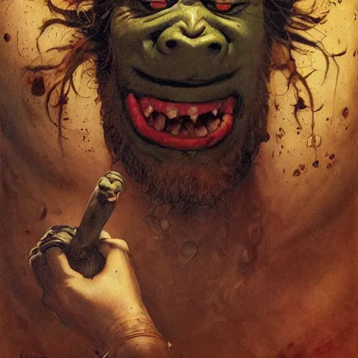 Image similar to grinning grimpunk vile reprobate portrait portrait Cyclops Cyclops Cyclops Polyphemus shrek with tombow norman rockwell greg rutkowski frank frazetta alexandre briclot Dave Dorman splatterpaint