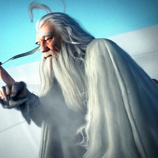 Image similar to gandalf attacks bikini bottom, high detail shot, smoking, render, cgsociety, photorealism