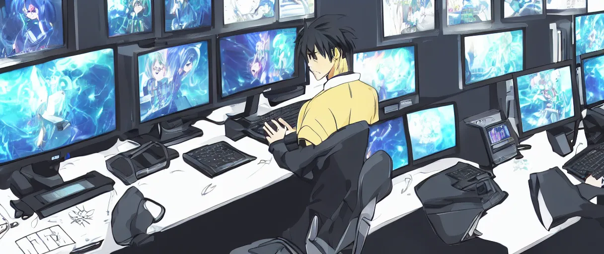 Image similar to anime drawing, a man at a desk with ten different computer monitors, his face flat on the keyboard, sound asleep