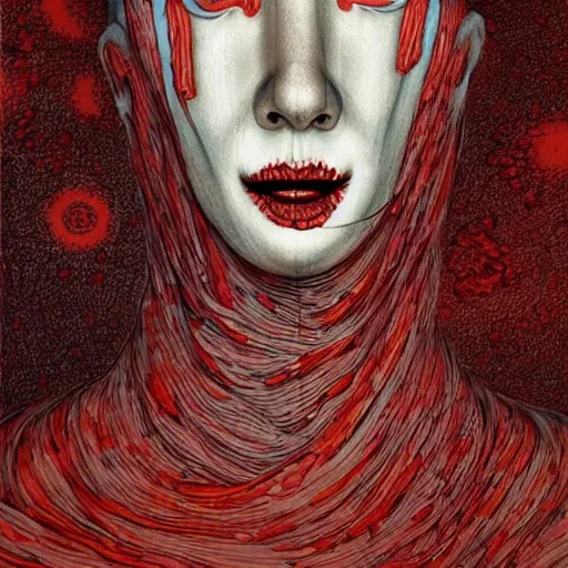 Image similar to a portrait bandaged mummy, smooth lines, red splatters, in the style of zdzisław beksinski and junji ito, trending on artstation deviantart pinterest