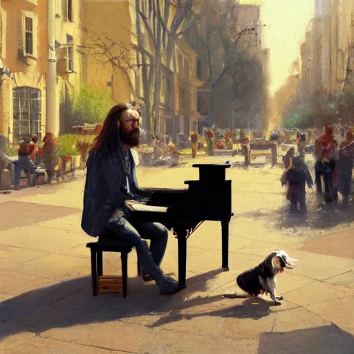 Image similar to oil painting of a young man with long hair blond and a beard hippie style with his golden retrever dog playing piano in the square for money, people watching around, by greg rutkowski, artstation