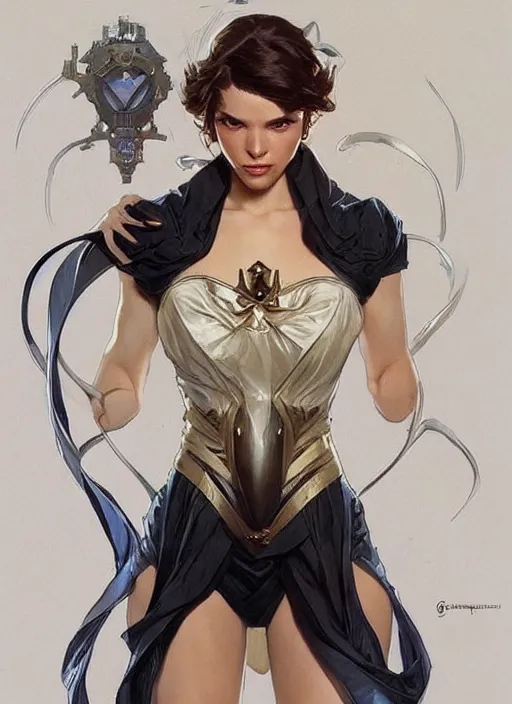 Image similar to a young woman. she is dressed as a superhero. clean elegant painting, beautiful detailed face. by artgerm and greg rutkowski and alphonse mucha