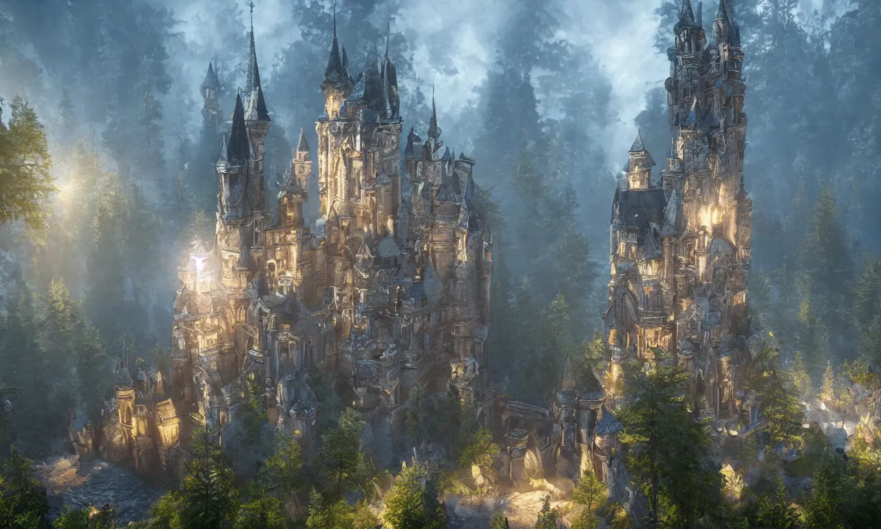 Image similar to a big castle, highly detailed, crystal lighting, mystical, forest, hyperrealistic, 4 k, unreal engine, dramatic lighting, magical, beautiful,