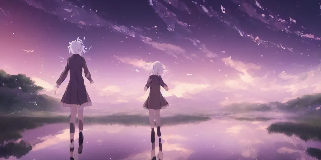Prompt: white haired girl walking in cloud pond night, fractal dreamscape, shattered sky cinematic, mirror reflection, vibrant colors, digital anime illustration, award winning, by makoto shinkai and fuzichoko