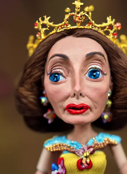 Image similar to closeup face profile portrait of tin toy nancy pelosi as a fairytale princess wearing a crown eating cakes, bikini, depth of field, zeiss lens, detailed, symmetrical, centered, fashion photoshoot, by nicoletta ceccoli, mark ryden, lostfish, breathtaking, 8 k resolution, extremely detailed, beautiful, establishing shot, artistic, hyperrealistic, octane render
