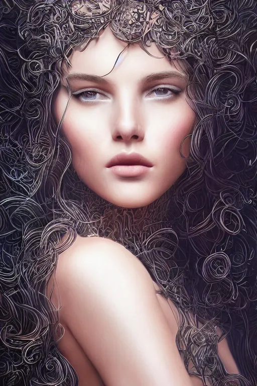 Prompt: one beautiful young woman's face, magical, windblown, intricate, synth-wave, retrowave, highly-detailed, elegant, dramatic lighting, gorgeous face, lifelike, photorealistic face, long luxurious intricate gown, digital painting, artstation, illustration, concept art, smooth, sharp focus, art by Craig Russel, Barry Smith, artgerm, and Albert Aublet and Krenz Cushart and Artem Demura and Alphonse Mucha