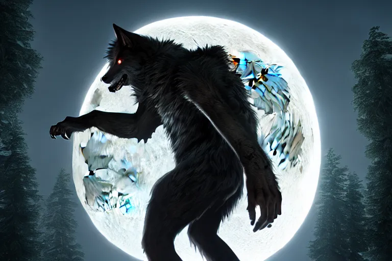 Image similar to werewolf from van helsing unreal engine hyperreallistic render 8k character concept art moon forest