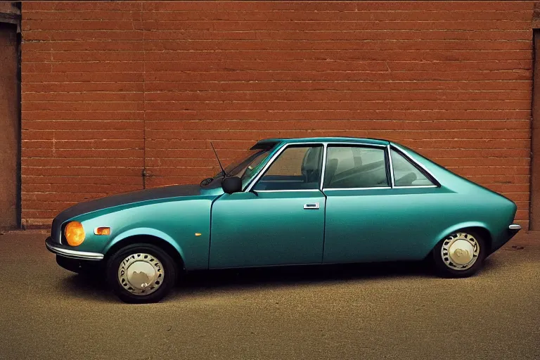 Image similar to stylized poser of a single 1973 Citroen Peugeot, thick neon lights, ektachrome photograph, volumetric lighting, f8 aperture, cinematic Eastman 5384 film